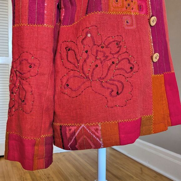 Vintage 90s Art To Wear Linen Jacket Orange Beaded Cottage Fairy Grunge Size 6P - Picture 5 of 8